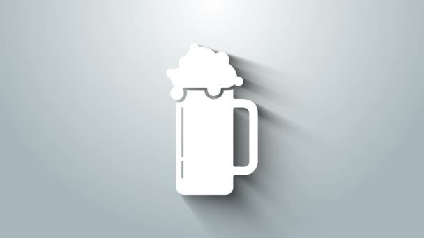 Icono de vaso blanco de cerveza aislado sobre fondo gris. Animación gráfica de vídeo 4K — Vídeos de Stock