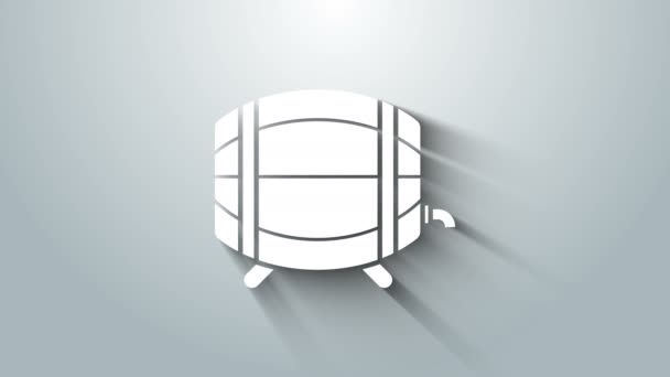 Barril de madera blanco en rack con icono stopcock aislado sobre fondo gris. Animación gráfica de vídeo 4K — Vídeos de Stock