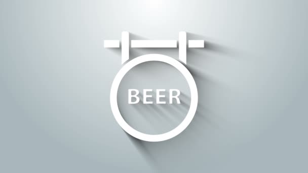 Letrero de White Street con inscripción Icono de cerveza aislado sobre fondo gris. Adecuado para anuncios bar, cafetería, pub, restaurante. Animación gráfica de vídeo 4K — Vídeos de Stock
