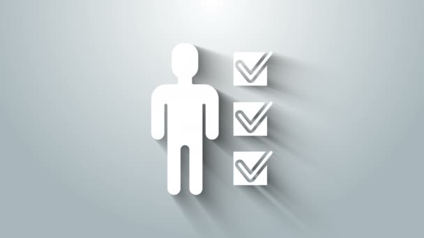 Bílý Uživatel člověka v obleku ikona izolované na šedém pozadí. Ikona uživatelského profilu obchodního avatara. Podpis mužského uživatele. Grafická animace pohybu videa 4K — Stock video
