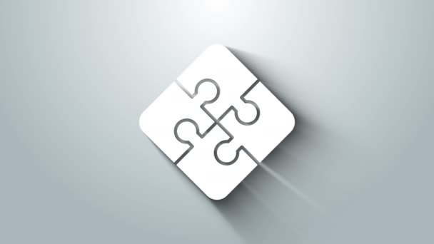 Bílý kousek puzzle ikony izolované na šedém pozadí. Obchod, marketing, finance, šablony, dispozice, infografika, internetový koncept. Grafická animace pohybu videa 4K — Stock video