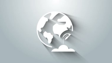 Beyaz Dünya küresi ve bitki ikonu gri arka planda izole edildi. Dünya ya da Dünya işareti. Geometrik şekiller. Çevresel konsept. 4K Video hareketli grafik canlandırması