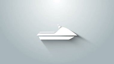 Gri arkaplanda beyaz jet ski simgesi izole edildi. Su motoru. Olağanüstü bir spor. 4K Video hareketli grafik canlandırması