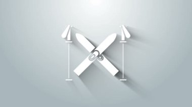 Beyaz Kayak ve Çubuk simgesi gri arkaplanda izole edildi. Olağanüstü bir spor. Kayak ekipmanları. Kış sporları ikonu. 4K Video hareketli grafik canlandırması