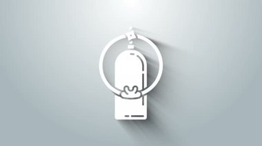 Beyaz Aqualung simgesi gri arkaplanda izole edildi. Dalgıçlar için oksijen tüpü. Dalış ekipmanları. Olağanüstü bir spor. Spor malzemeleri. 4K Video hareketli grafik canlandırması