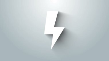 Beyaz Şimşek simgesi gri arkaplanda izole edildi. Flaş işareti. Flaş ikonunu yükle. Gök gürültüsü. Yıldırım çarpması. 4K Video hareketli grafik canlandırması