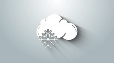 Gri arkaplanda kar ikonu olan beyaz bulut. Kar taneli bulut. Tek hava ikonu. Kar tabelası. 4K Video hareketli grafik canlandırması