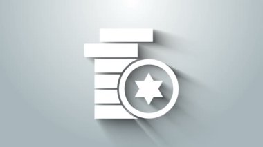 Beyaz Yahudi madeni para simgesi gri arka planda izole edildi. Para birimi sembolü. 4K Video hareketli grafik canlandırması