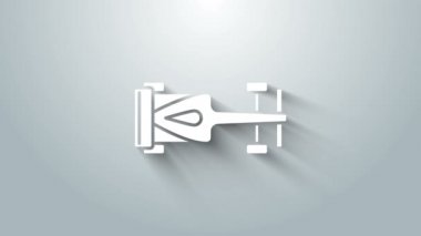 Beyaz Formula yarış arabası simgesi gri arka planda izole edildi. 4K Video hareketli grafik canlandırması