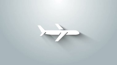 Beyaz düzlem simgesi gri arkaplanda izole edildi. Uçan uçak ikonu. Uçak tabelası. 4K Video hareketli grafik canlandırması
