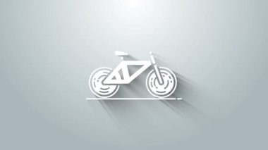 Gri arkaplanda beyaz bisiklet simgesi izole edildi. Bisiklet yarışı. Olağanüstü bir spor. Spor malzemeleri. 4K Video hareketli grafik canlandırması