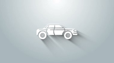 Beyaz Sedan araba simgesi gri arkaplanda izole edildi. 4K Video hareketli grafik canlandırması