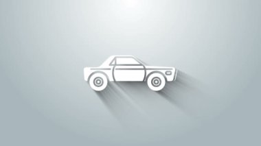 Beyaz Sedan araba simgesi gri arkaplanda izole edildi. 4K Video hareketli grafik canlandırması