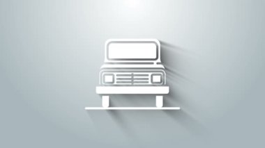 Gri arkaplanda beyaz araba simgesi izole edildi. Ön manzara. 4K Video hareketli grafik canlandırması