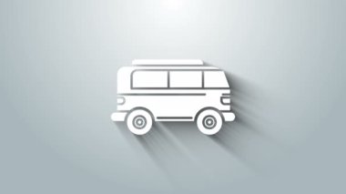 Beyaz Retro minivan simgesi gri arkaplanda izole edildi. Eski klasik seyahat minibüsü. 4K Video hareketli grafik canlandırması
