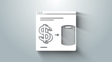 White Online kumarhane fişleri, gri arka planda izole edilmiş bir yığın dolar ikonu üzerinde değiş tokuş yapıyor. 4K Video hareketli grafik canlandırması