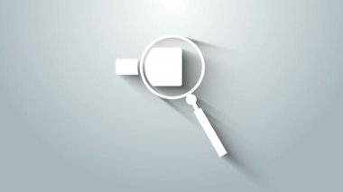 Gri arkaplanda beyaz büyüteç simgesi izole edildi. Arama, odaklanma, yakınlaştırma, iş sembolü. 4K Video hareketli grafik canlandırması