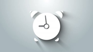 Beyaz Alarm saat simgesi gri arkaplanda izole edildi. Uyan, kalk konsepti. Zaman işareti. 4K Video hareketli grafik canlandırması