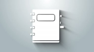 Gri arkaplanda beyaz defter simgesi izole edildi. Spiral not defteri simgesi. Okul defteri. Yazı tahtası. Okul günlüğü. 4K Video hareketli grafik canlandırması