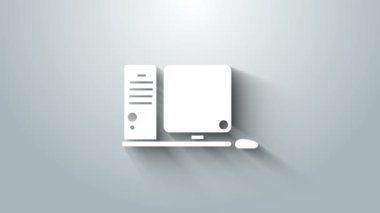 Klavye ve fare simgesine sahip beyaz bilgisayar monitörü gri arkaplanda izole edildi. Bilgisayar bileşeni işareti. 4K Video hareketli grafik canlandırması