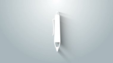 Gri arkaplanda beyaz kalem simgesi izole edildi. 4K Video hareketli grafik canlandırması