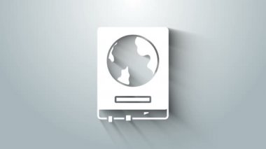 Beyaz Dünya haritası, gri arka planda izole edilmiş bir okul karatahta simgesi. Tahtaya harita çiziyorum. 4K Video hareketli grafik canlandırması