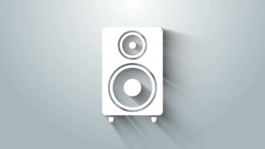 Beyaz Stereo hoparlör simgesi gri arkaplanda izole edildi. Ses sistemi hoparlörleri. Müzik ikonu. Müzikal sütun hoparlörü. 4K Video hareketli grafik canlandırması