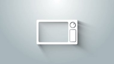 Beyaz mikrodalga fırın ikonu gri arkaplanda izole edilmiş. Ev aletleri simgesi. 4K Video hareketli grafik canlandırması