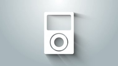 Gri arkaplanda beyaz müzik çalar simgesi izole edildi. Taşınabilir müzik cihazı. 4K Video hareketli grafik canlandırması