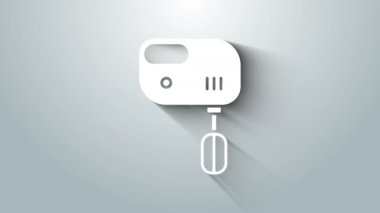 Gri arkaplanda beyaz elektrik karıştırıcı simgesi izole edildi. Mutfak blenderi. 4K Video hareketli grafik canlandırması