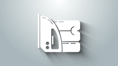 Beyaz elektrikli ütü ve havlu ikonu gri arka planda izole edildi. Buhar ütüsü. 4K Video hareketli grafik canlandırması