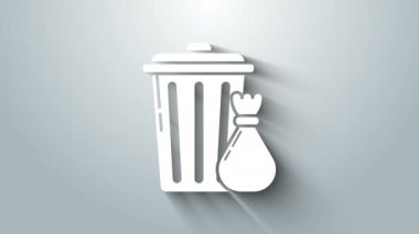 Beyaz çöp tenekesi ve çöp torbası simgesi gri arkaplanda izole edilmiş. Çöp kutusu tabelası. Sepet simgesini geri dönüştür. Ofis çöpü ikonu. 4K Video hareketli grafik canlandırması