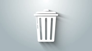 Beyaz Çöp Kutusu simgesi gri arkaplanda izole edildi. Çöp kutusu tabelası. Sepet simgesini geri dönüştür. Ofis çöpü ikonu. 4K Video hareketli grafik canlandırması