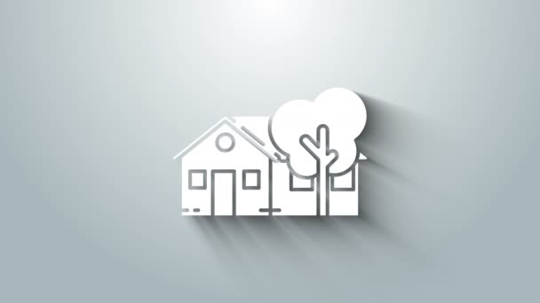 White Eco přátelský dům ikona izolované na šedém pozadí. Eko dům se stromem. Grafická animace pohybu videa 4K — Stock video