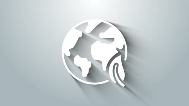 Vit jord glob och blad ikon isolerad på grå bakgrund. Världs- eller jordtecken. Geometriska former. Miljökoncept. 4K Video motion grafisk animation — Stockvideo