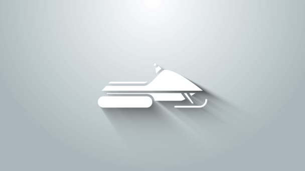 Weißes Schneemobil-Symbol isoliert auf grauem Hintergrund. Schneemobil-Schild. Extremsport. 4K Video Motion Grafik Animation — Stockvideo