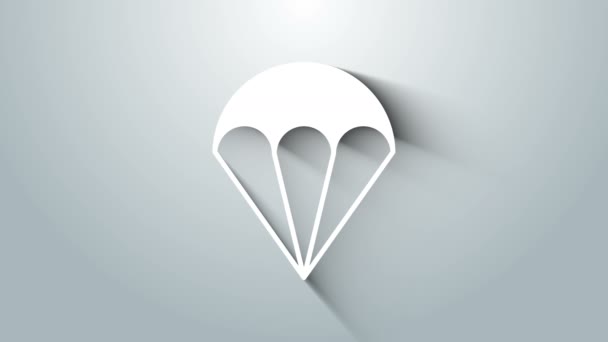 Biała ikona spadochronu odizolowana na szarym tle. Ekstremalny sport. Urządzenia sportowe. 4K Animacja graficzna ruchu wideo — Wideo stockowe
