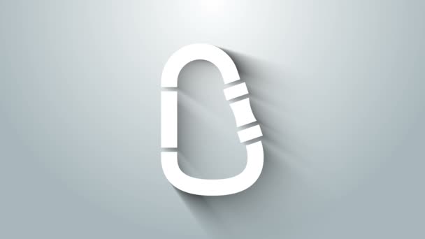 Witte karabijnhaak pictogram geïsoleerd op grijze achtergrond. Extreme sport. Sportuitrusting. 4K Video motion grafische animatie — Stockvideo