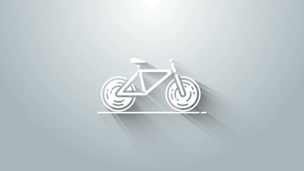 Bílá ikona kola izolované na šedém pozadí. Závod na kole. Extrémní sport. Sportovní vybavení. Grafická animace pohybu videa 4K — Stock video