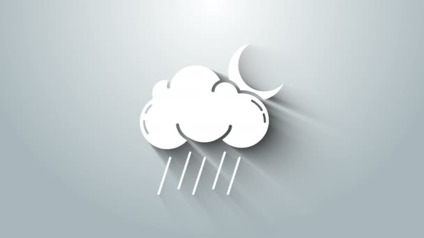 White Cloud with rain and moon icon isolated on grey background. Rain cloud precipitation with rain drops. 4K Video motion graphic animation — Stock Video