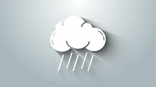 Bílý mrak s ikonou deště izolované na šedém pozadí. Déšť mraky srážek s kapkami deště. Grafická animace pohybu videa 4K — Stock video
