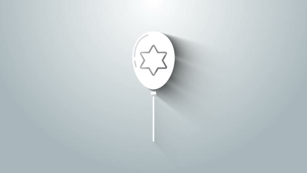Beyaz Balonlar ve kurdeleli David ikonu yıldızı gri arka planda izole edilmiş. İsrail bayraklı balon. 4K Video hareketli grafik canlandırması — Stok video