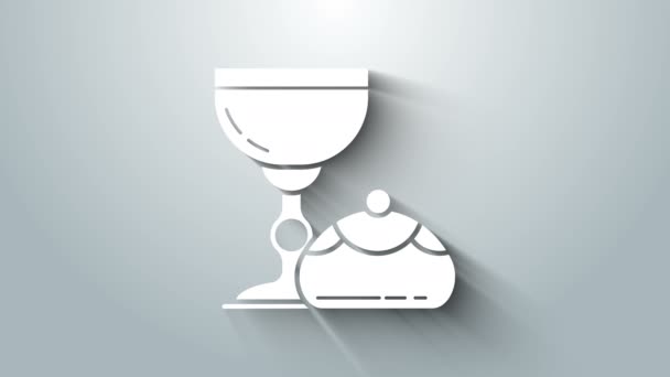 White Jewish goblet and hanukkah sufganiyot icon isolated on grey background. Jewish sweet bakery. Wine cup for kiddush. 4K Video motion graphic animation — Stock Video