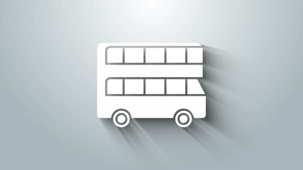 Gri arkaplanda beyaz çift katlı otobüs simgesi izole edildi. Londra klasik yolcu otobüsü. Toplu taşıma sembolü. 4K Video hareketli grafik canlandırması — Stok video