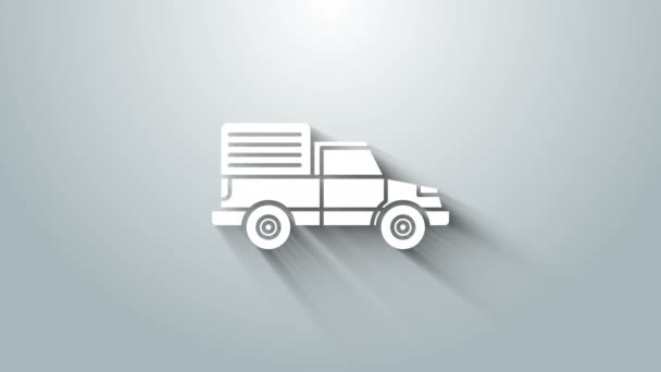 グレーの背景に隔離されたホワイトデリバリー貨物トラック車両アイコン。4Kビデオモーショングラフィックアニメーション — ストック動画