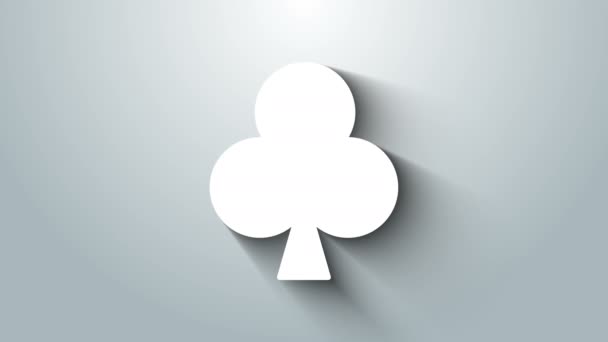 Fehér kártya klubok szimbólum ikon elszigetelt szürke háttér. Kaszinó. 4K Videó mozgás grafikus animáció — Stock videók
