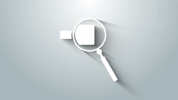 Hvidt forstørrelsesglas ikon isoleret på grå baggrund. Søg, fokuser, zoom, forretningssymbol. 4K Video bevægelse grafisk animation – Stock-video