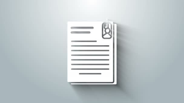 Bílý dokument a ikona sponky na papír izolované na šedém pozadí. Ikona seznamu. Obchodní koncept. Grafická animace pohybu videa 4K — Stock video