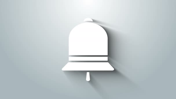 Icona campanaria bianca isolata su sfondo grigio. Simbolo di allarme, campanello di servizio, segnale di campanello, simbolo di notifica. Animazione grafica 4K Video motion — Video Stock