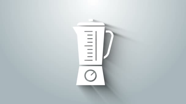 Icono Blender blanco aislado sobre fondo gris. Cocina eléctrica licuadora estacionaria con tazón. Cocinar batidos, cócteles o jugos. Animación gráfica de vídeo 4K — Vídeo de stock